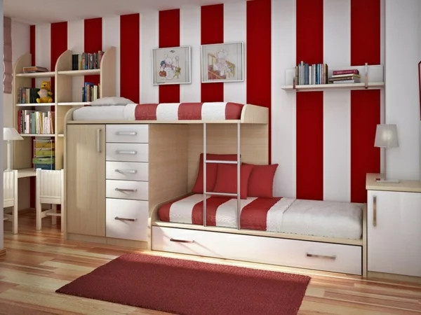 jugendzimmer einrichten stockbett rot und weiß
