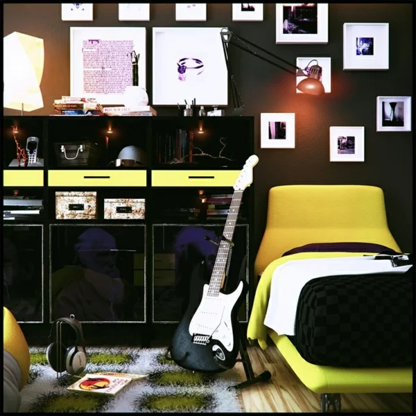 jungenzimmer gestalten schwarz und gelb lackierte möbel