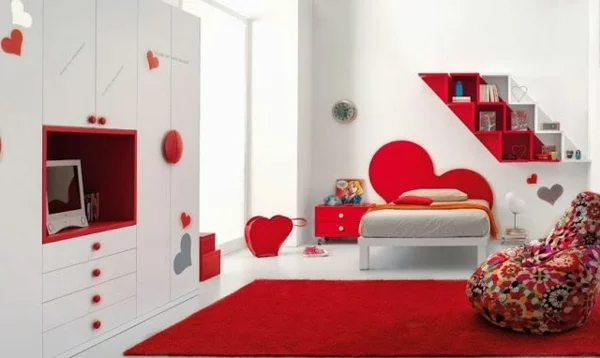 kinderzimmergestaltung ideen mit rot und weiß bett teppich schrank