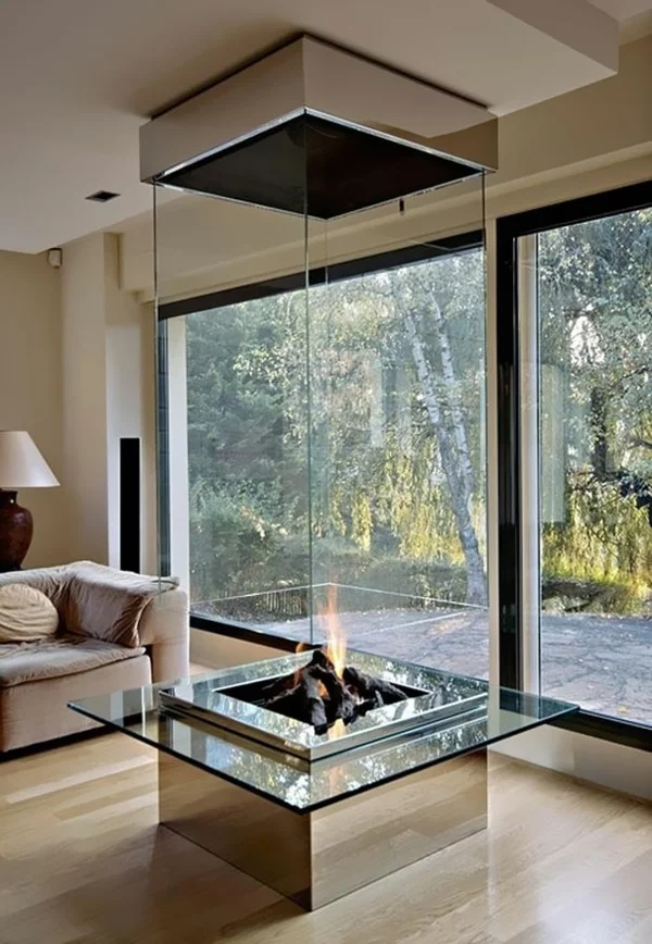 kreative wohnideen wohnzimmer feuerstelle glas glaswand