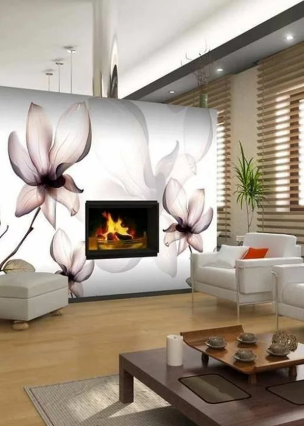 luxuriöses wohnzimmer kamin wanddeko mit blumen sessel dekoration