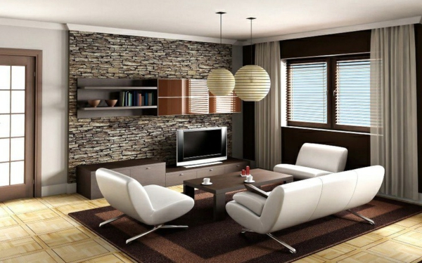 luxuriöses wohnzimmer steinwand dekoration tv schrank sitzecke 