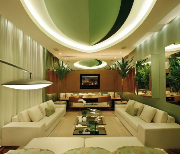 luxus wohnzimmer gestalten in grün decke dekoration glastisch