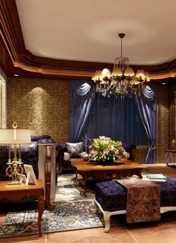 luxus wohnzimmer lila akzente kronleuchter tisch 