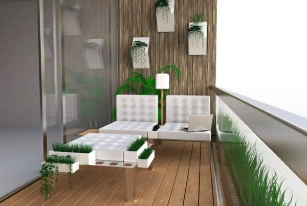 moderne balkongestaltung design weiße möbel grüne pflanzen