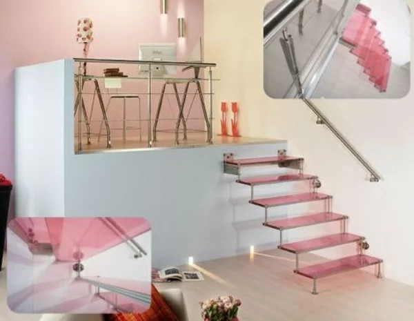 moderne treppen  stufen rosa glas spiegel dekoideen