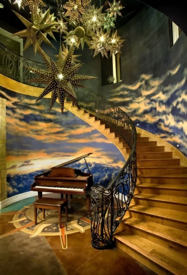 moderne treppen wanddeko ornamentenreich klavier