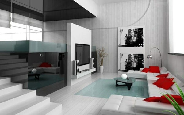 moderne wohnzimmer gestaltung weißes sofa  rote dekokissen 