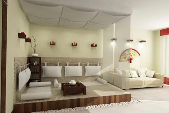 modernes wohnzimmer gestalten im asiatischen stil kieselsteine entspannungsecke