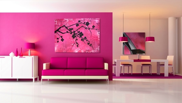 mutig rosarot kühn leuchtend sofa gemälde glanzvoll wandfarben wohnzimmer