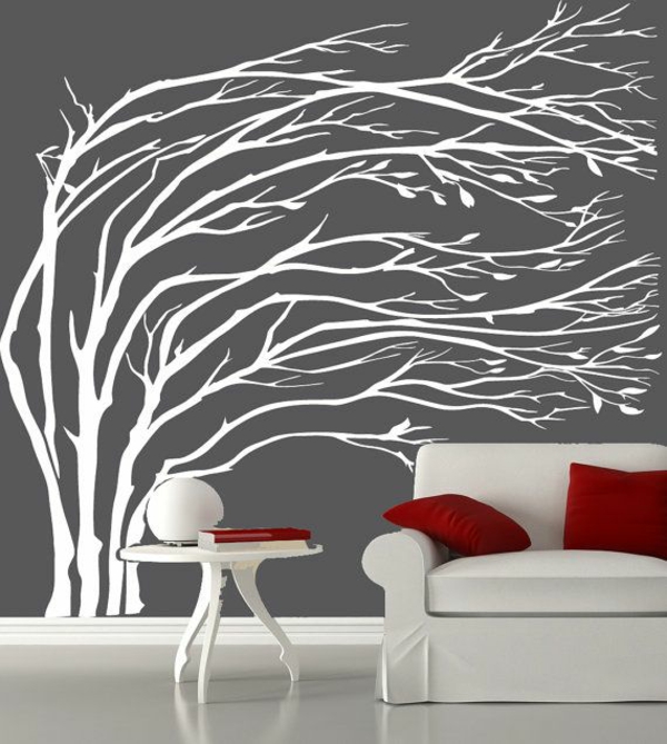 natur inspiriert baum weiß wandtattoo grau mattiert wandfarben wohnzimmer