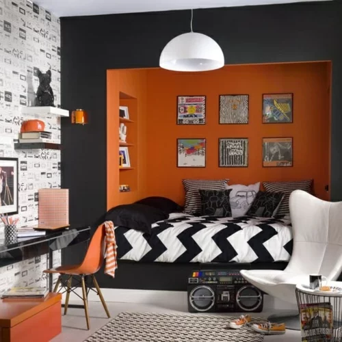 orange schwarz lampe muster jugendzimmer bettdecke chavron