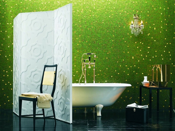 raumteiler idee badezimmer badewanne mosaik grün fliesen