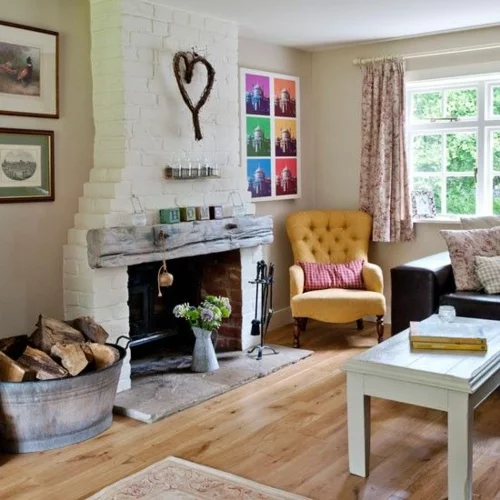retro wohnzimmergestaltung ideen pop art grelle farben kamin
