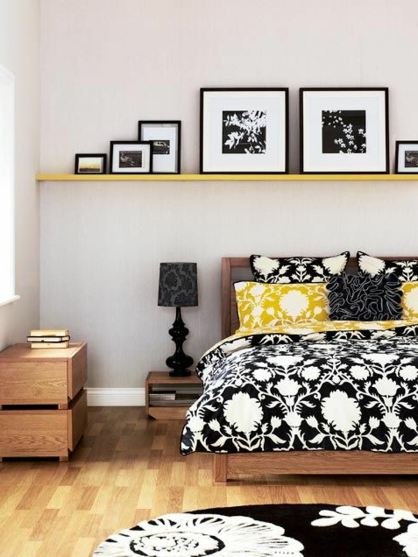 schlafzimmer deko ideen schwarz weiß gelb blumenmuster Dekoideen fürs Schlafzimmer 