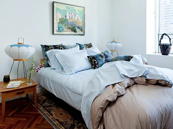 schlafzimmer perserteppich blasse farben moderne tischlampen
