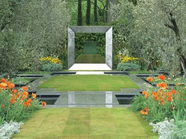 symmetrischen formalgarten  gestalten stahlrahmen granit und rasen