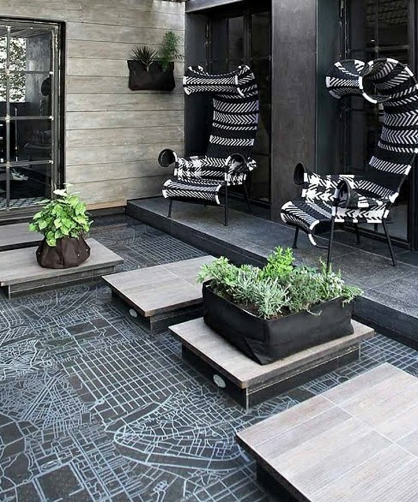 terrassengestaltung modern möbel futuristisch kacheln straßenkarte
