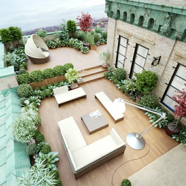 terrassengestaltung modern stehlampe sofa tisch dekoideen pflanzen