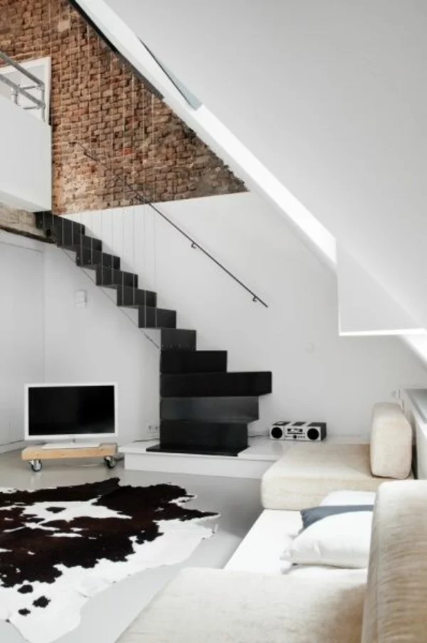 treppengestaltung schwarz tv teppich sofa wanddeko