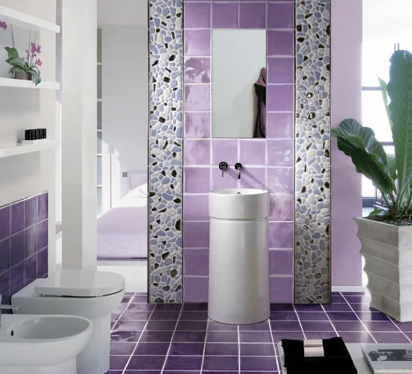 violett farbe fliesen bad waschbecken feminine
