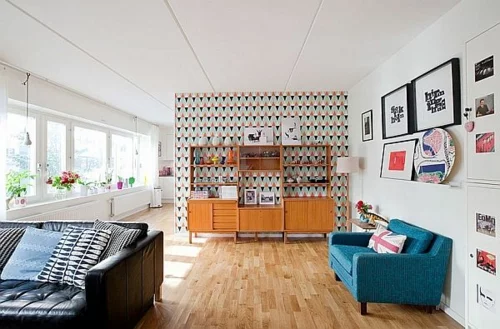 wandgestaltung geometrische muster wohnzimmergestaltung ideen retro stil