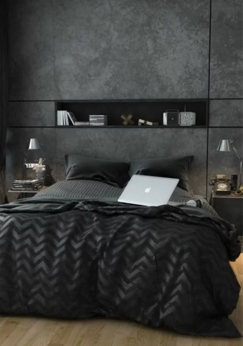 wandgestaltung schlafzimmer bett schwarz praktisch beton optik