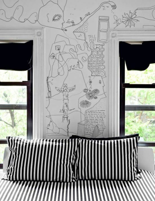 wandgestaltung schlafzimmer wand zeichnung schwarz weiß skizze
