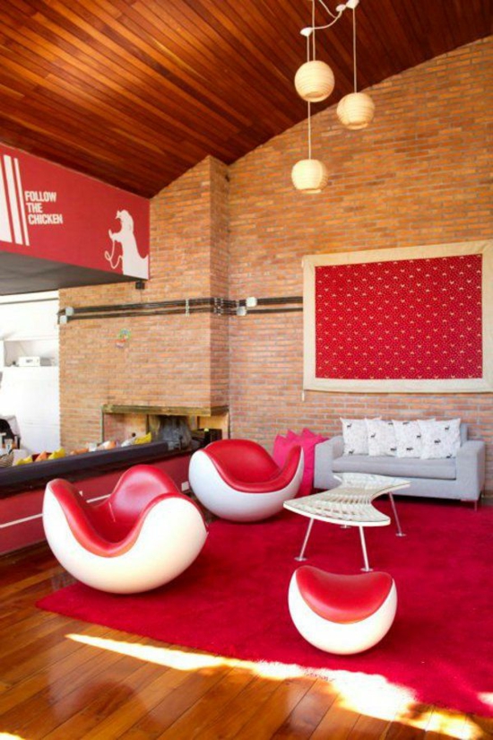 wohnzimmer gestalten moderne möbel rot weiß kontraste