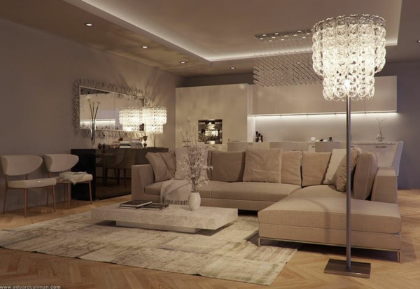 wohnzimmer luxuriös gestalten sanftes beige stehlampe niedriger tisch 