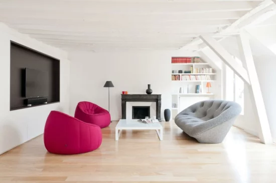 wohnzimmer modern gestalten minimalistisch sofa sessel kamin