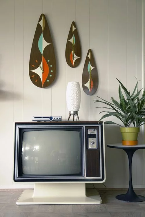 wohnzimmergestaltung ideen retro stil akzente fernseher