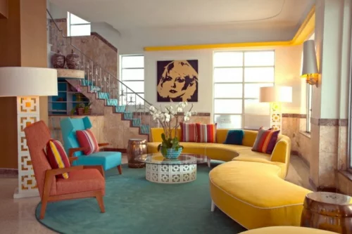 wohnzimmergestaltung ideen retro stil wandgestaltung 50er jahre inspiration farbgestaltung