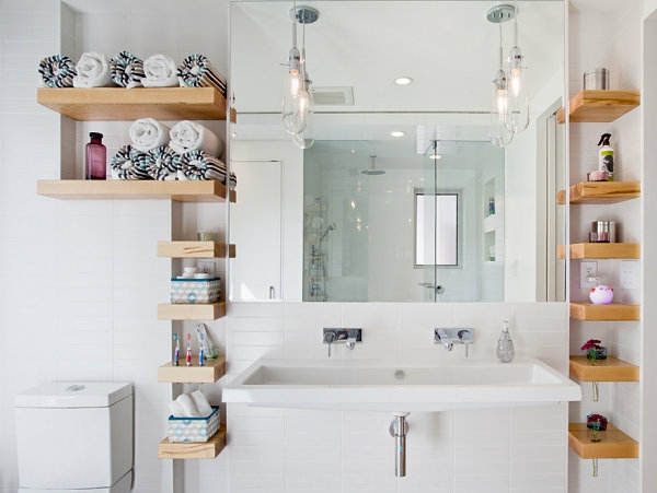 wandregale für badezimmer wandgestaltung holz tücher spiegel
