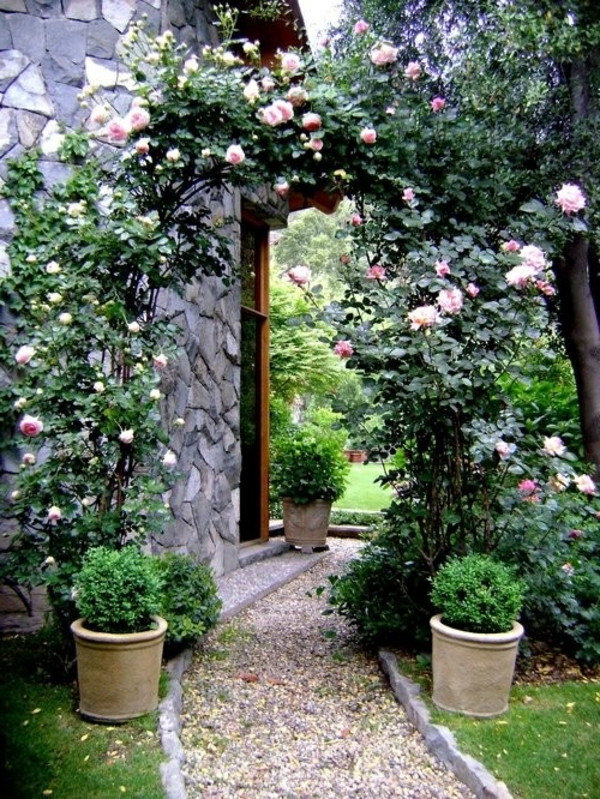 Gartengestaltung Kies Steinen rosen pflankübel fußweg