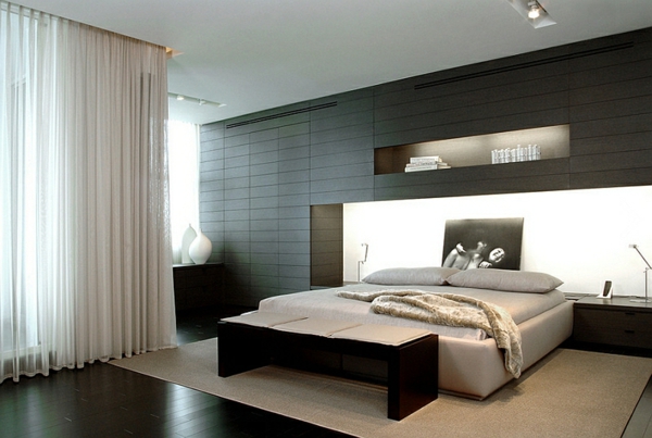 Schlafzimmer minimalistisch einrichten regale wand gardinen