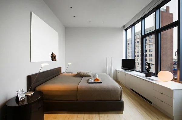 Schlafzimmer minimalistisch einrichten urban beistelltisch schwarz