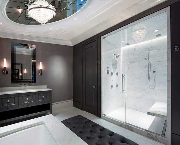 badeinrichtung badmöbel schwarz weiß marmor dusche glasscheibe