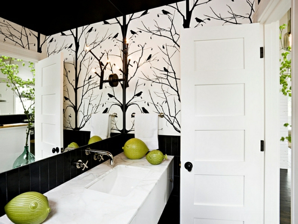badezimmer ideen farbgestaltung schwarz weiß wandtapeten wandfliesen