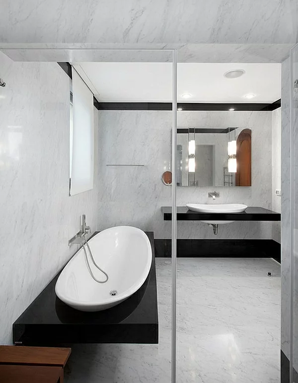 badezimmer waschbecken minimalistisch weiß schwarz