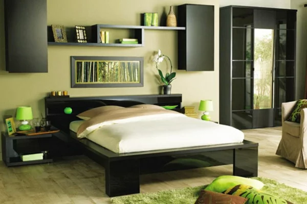  schlafzimmer grün wand regale effektvoll einrichten