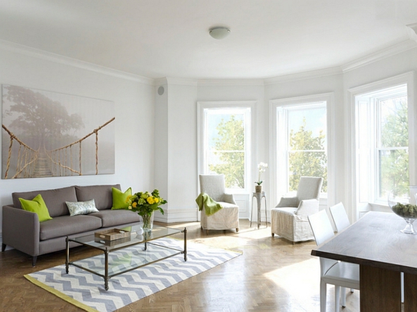 einrichtungsideen wohnzimmer interior design grüne akzente chevron 