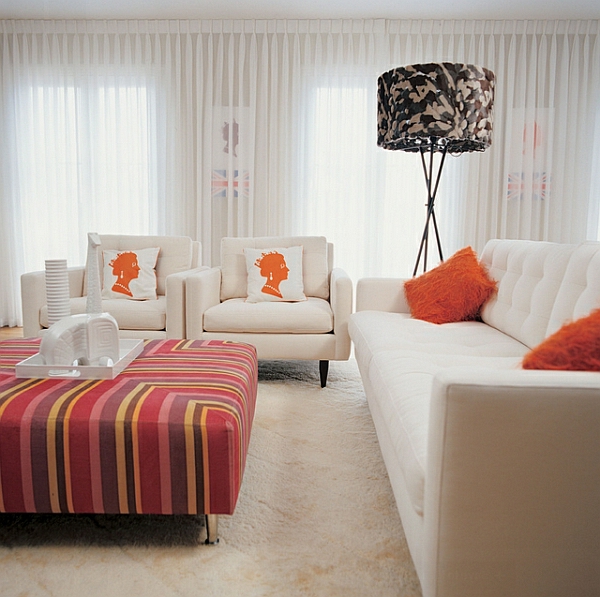 englisch wohnstil orange kissen wohnzimmer gardinen