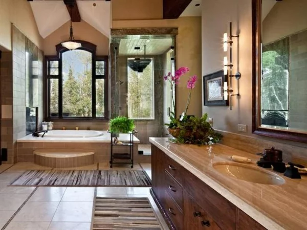 großes badezimmer pflanzen dekoration badmöbel