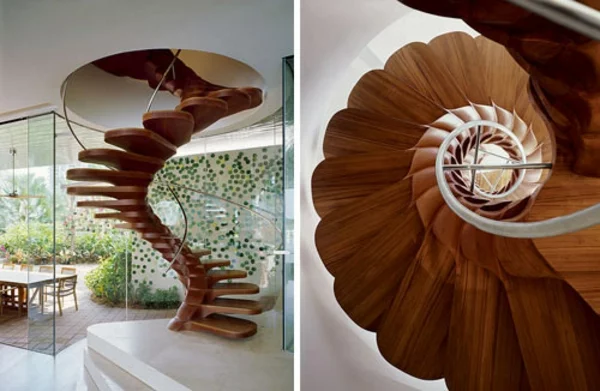 holztreppe in spiralform wohnzimmer