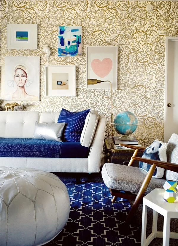 innendesign tipps wohnzimmer blaue elemente sofa teppich