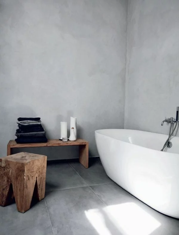  badezimmer ideen badewanne holz beton wand