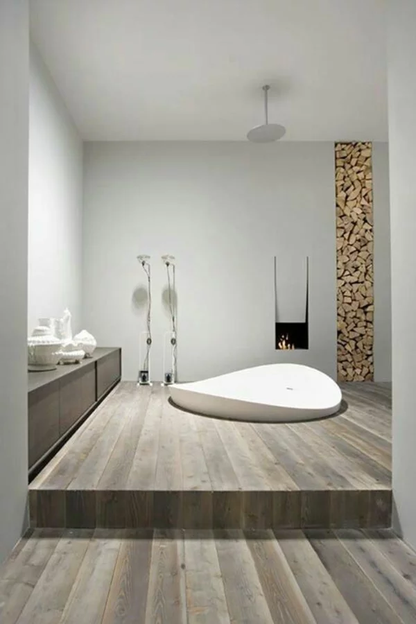 minimalistische badezimmer ideen badewanne holz bodenbelag