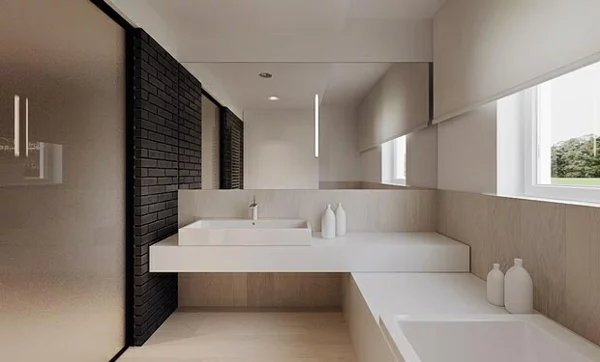 minimalistische badezimmer ideen badewanne holz waschbecken möbel