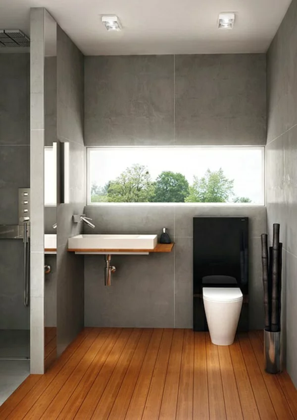 minimalistische badezimmer ideen holz bodenbelag